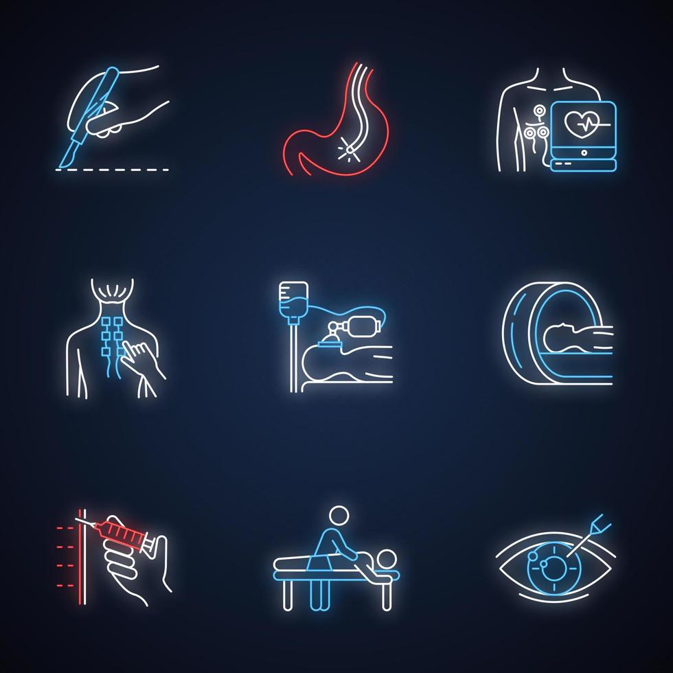 conjunto de ícones de luz de néon de procedimento médico. cirurgia. endoscopia. cardiograma. fisioterapia. anestesia. tomografia para varredura do cérebro. massagem. correção da visão. sinais brilhantes. ilustrações isoladas de vetor