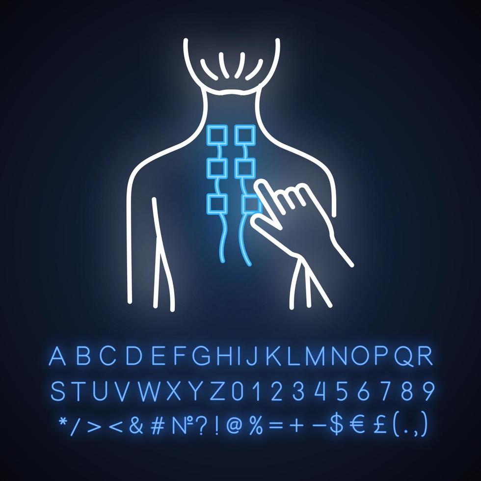 ícone de luz de néon de fisioterapia. procedimentos médicos. fisioterapia. cuidados de saúde. reabilitação de lesões. eletroterapia. sinal brilhante com alfabeto, números e símbolos. ilustração isolada do vetor