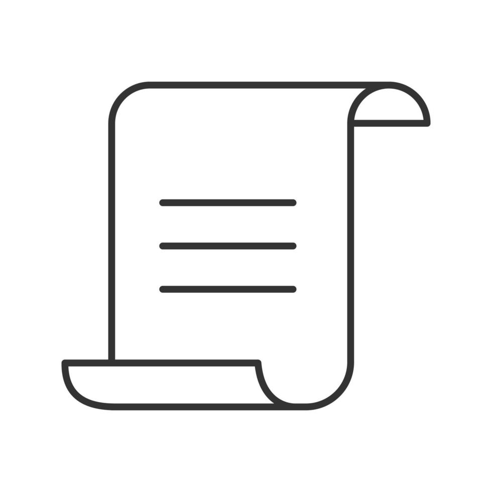 rolo de papel com ícone linear de texto. ilustração de linha fina. documento, certificado. símbolo de contorno. desenho de contorno isolado de vetor