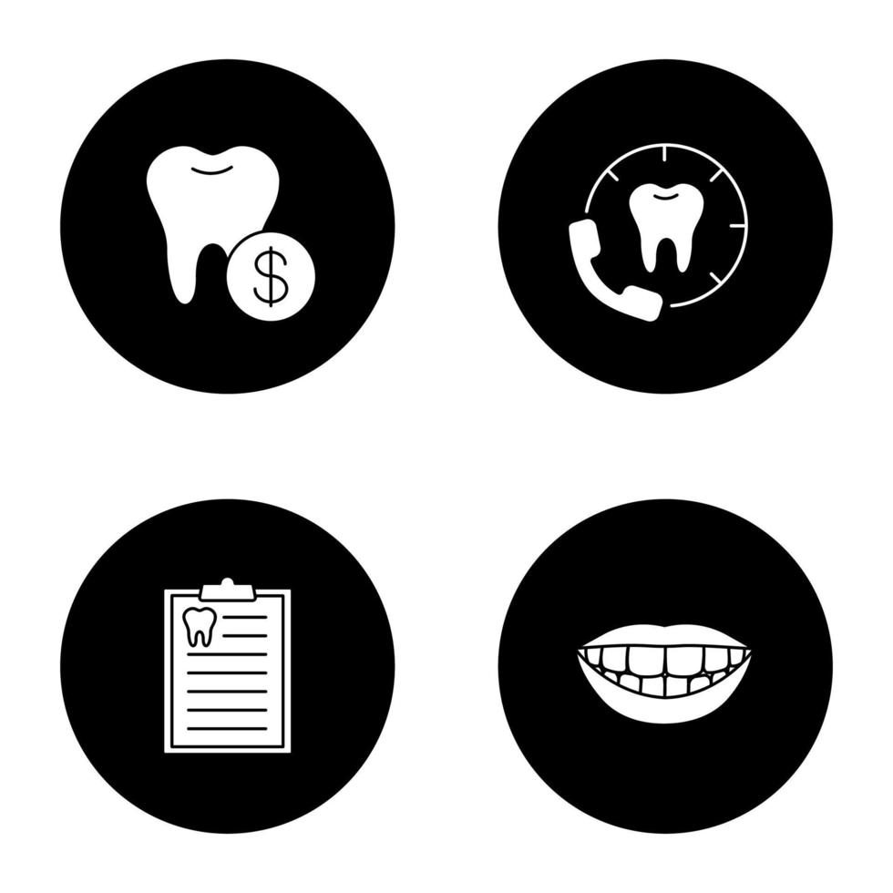 conjunto de ícones de glifo de odontologia. estomatologia. preços de serviços odontológicos, ligações para o dentista, laudo de diagnóstico dos dentes, sorriso lindo. Ilustrações vetoriais de silhuetas brancas em círculos pretos vetor