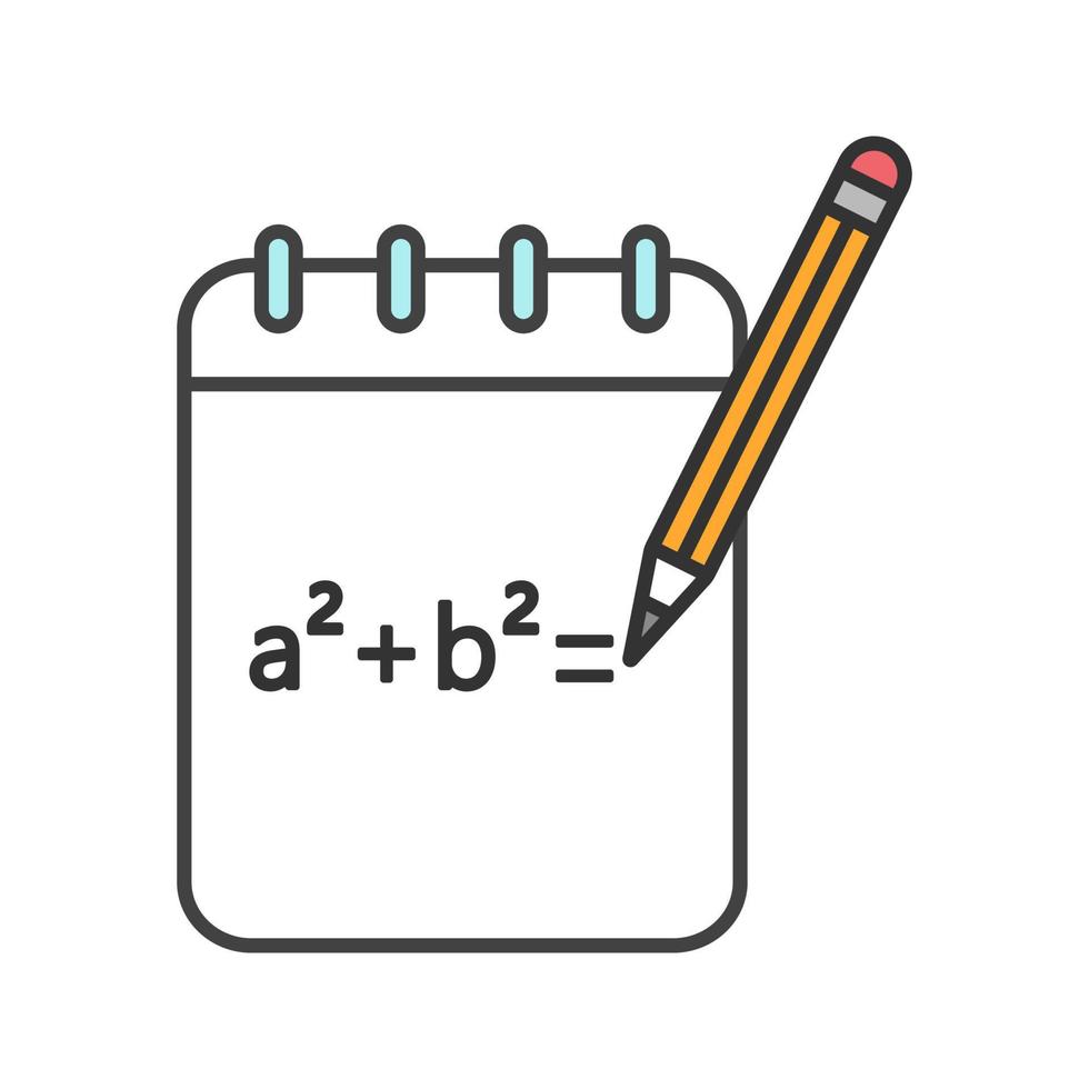 caderno com ícone de cor de fórmula matemática. rascunho. cálculos de álgebra. ilustração vetorial isolada vetor