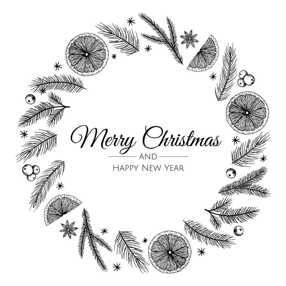 Feliz Natal e ano novo cartão com coroa de pinheiros, visco, plantas de inverno design ilustração para saudações, convite, folheto, brochura. vetor