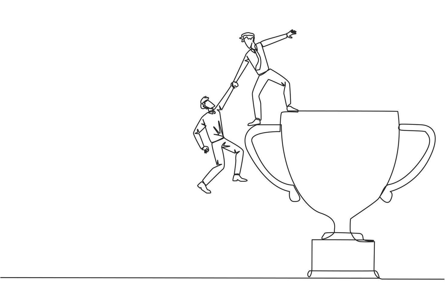 solteiro contínuo linha desenhando homem de negocios ajuda colega escalar a grande troféu. a realização este não podes estar alcançado sem ótimo trabalho em equipe. inteligente trabalho em equipe. 1 linha Projeto ilustração vetor