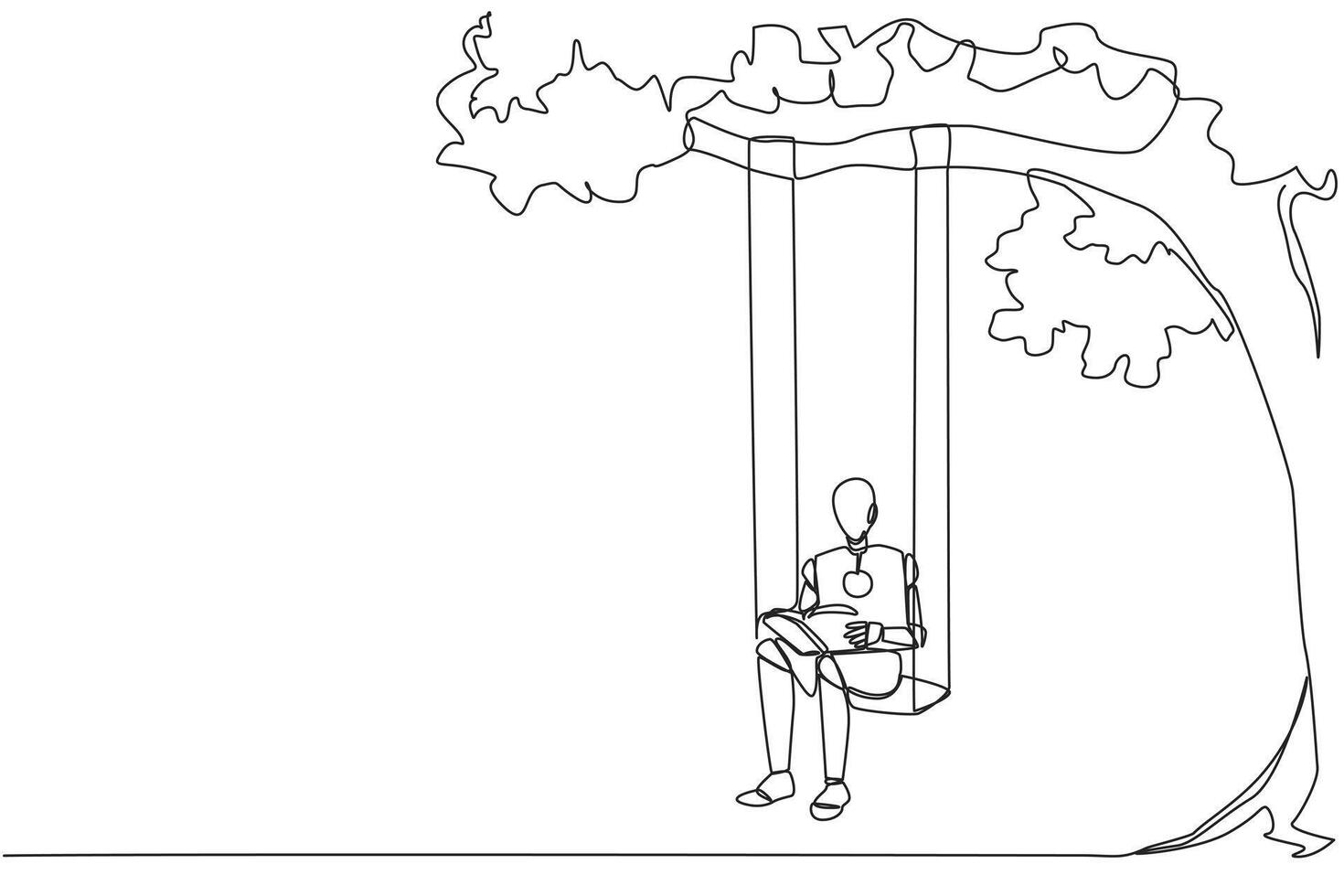 contínuo 1 linha desenhando robô sentado em uma balanço em anexo para uma árvore lendo uma livro. realmente curtiu a enredo do a ficção livro. livro festival. solteiro linha desenhar Projeto ilustração vetor