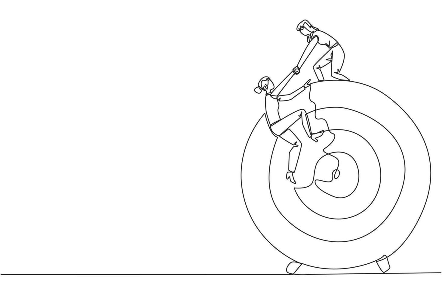 solteiro 1 linha desenhando empresária ajuda colega escalar seta borda alvo. metáforas Socorro foco em completando tarefas 1 às tempo. sucesso junto. contínuo linha Projeto gráfico ilustração vetor