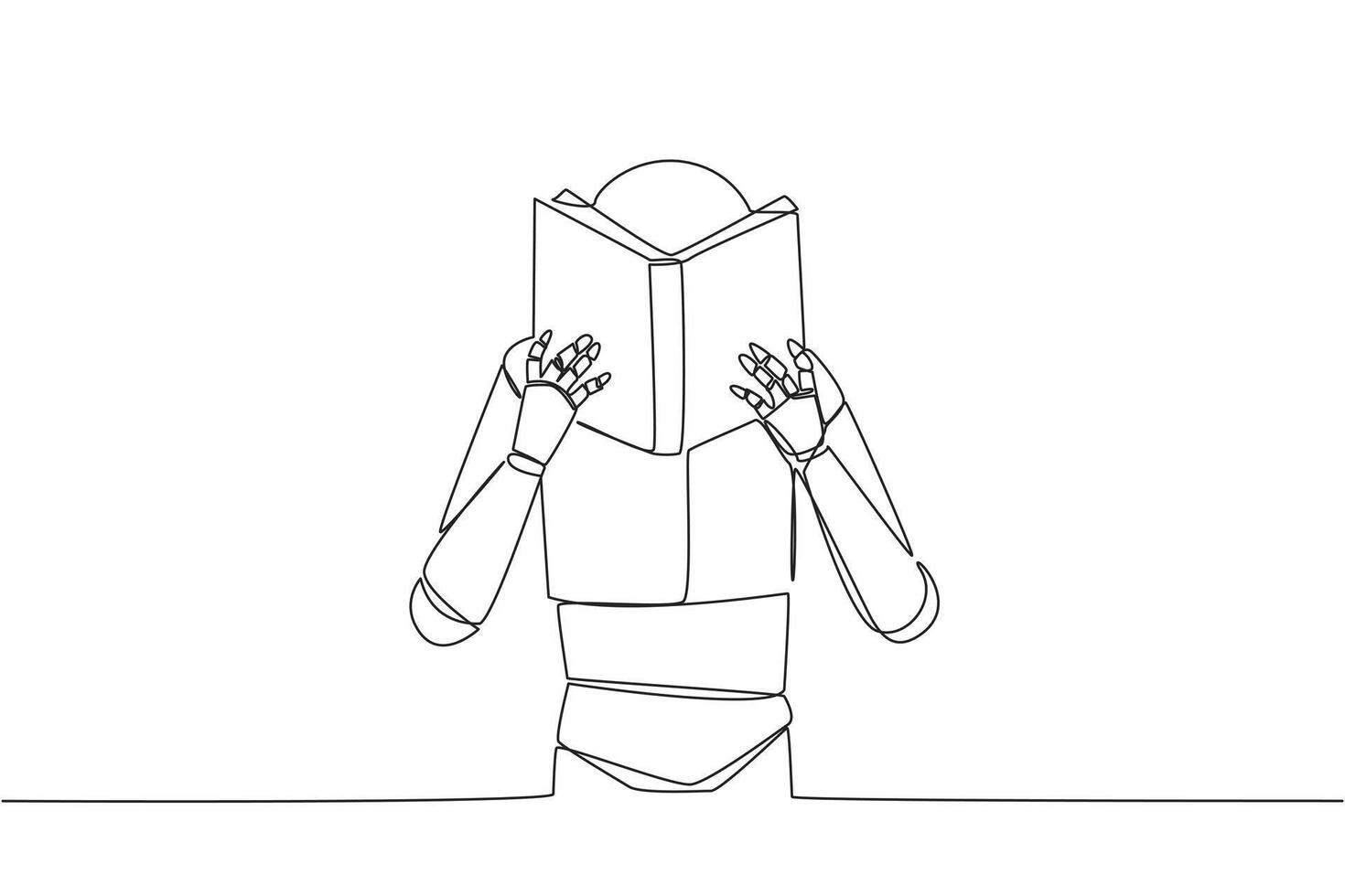 contínuo 1 linha desenhando robô a sério lendo livro até cobrir a face. nervoso quando voltado para a final exames. experimentar para foco. lendo aumentar entendimento. solteiro linha desenhar Projeto ilustração vetor