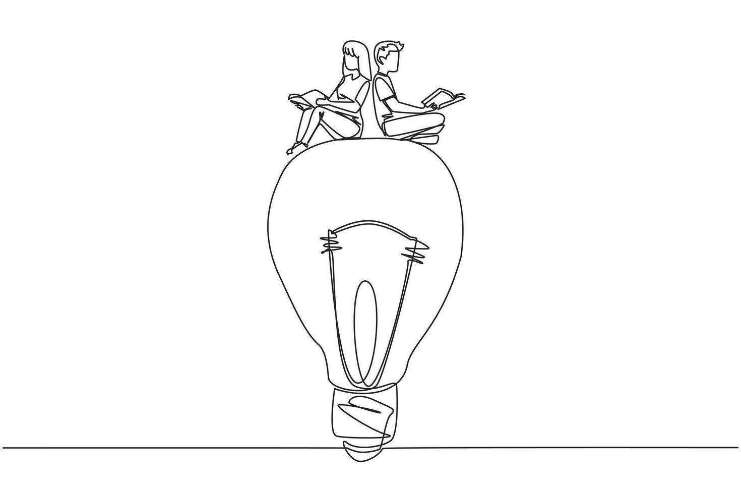 contínuo 1 linha desenhando pessoas sentado em grande lâmpada elétrica. ler com foco e sério. metáfora olhando para brilhante idéia a partir de científico livros. livro festival. solteiro linha desenhar ilustração vetor