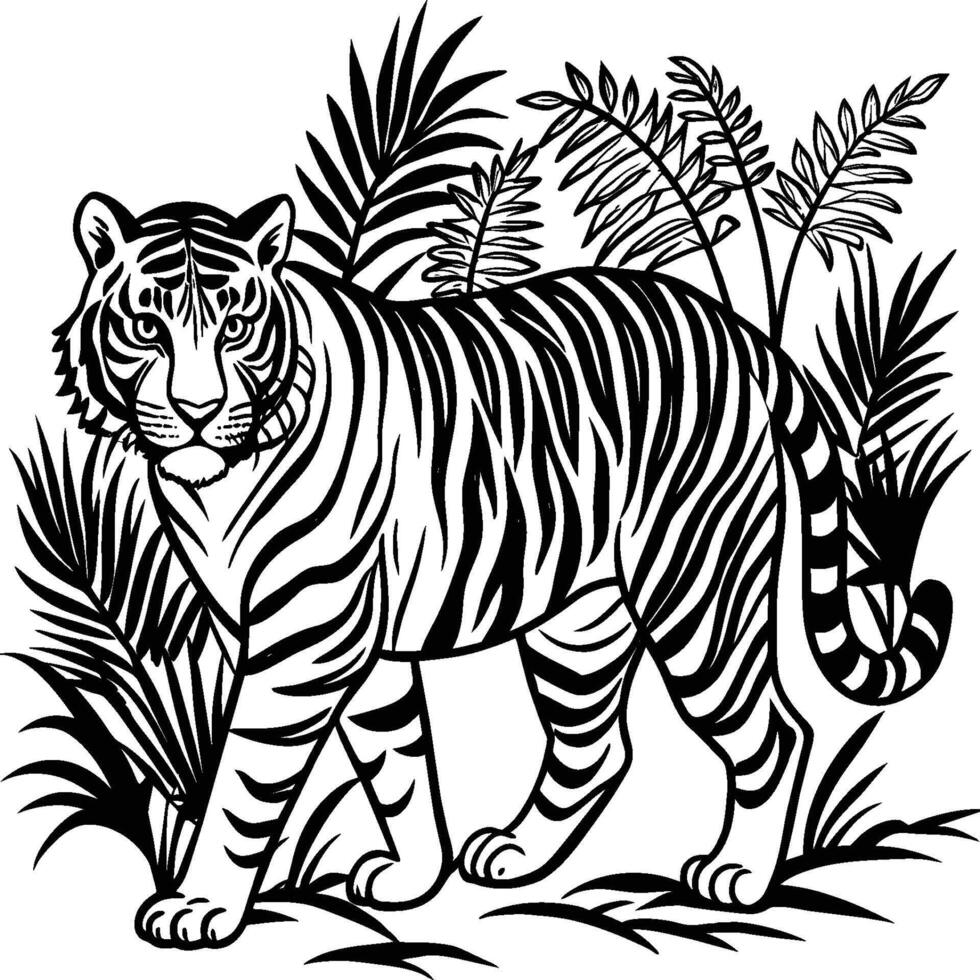 mão desenhado tigre linogravura vetor