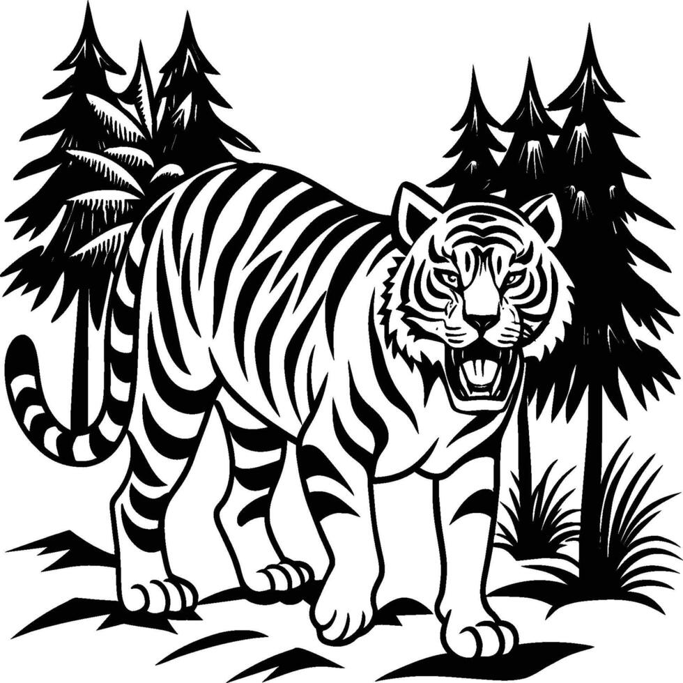mão desenhado tigre linogravura vetor