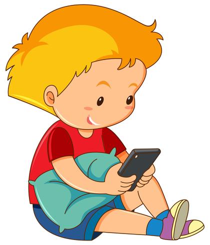 Um, menino, jogando telefone móvel vetor