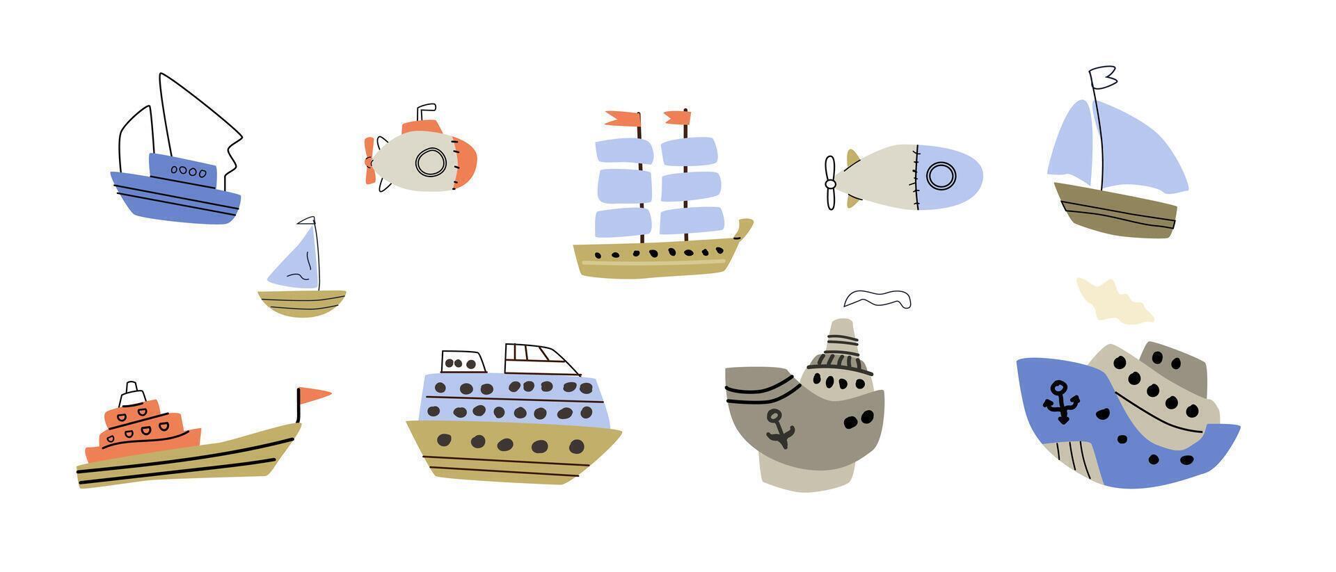 conjunto do mão desenhado desenho animado infantil navios e barcos, e submarinos vetor