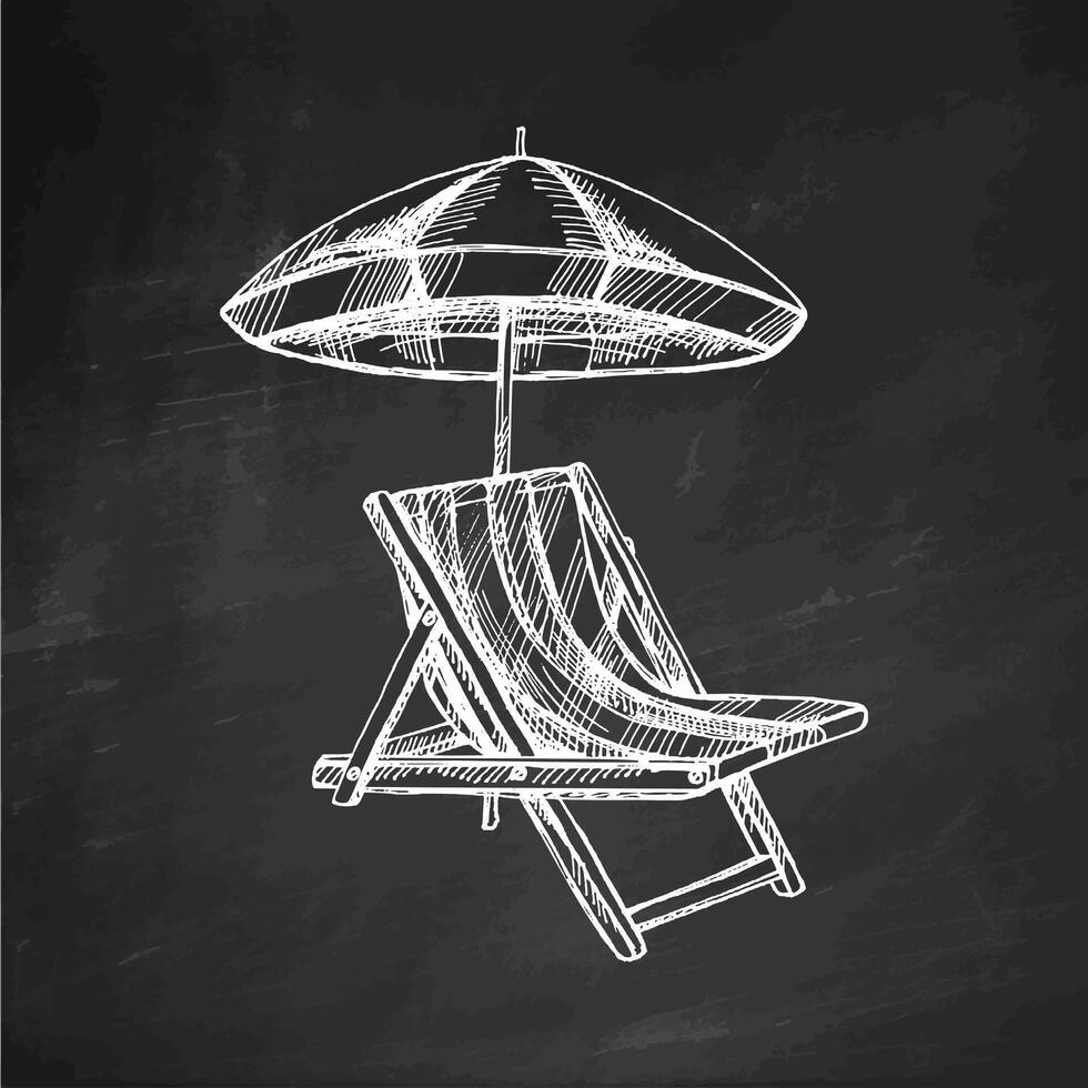 mão desenhado esboço do de praia cadeira com de praia guarda-chuva. vintage ilustração isolado em quadro-negro fundo. rabisco desenho. vetor
