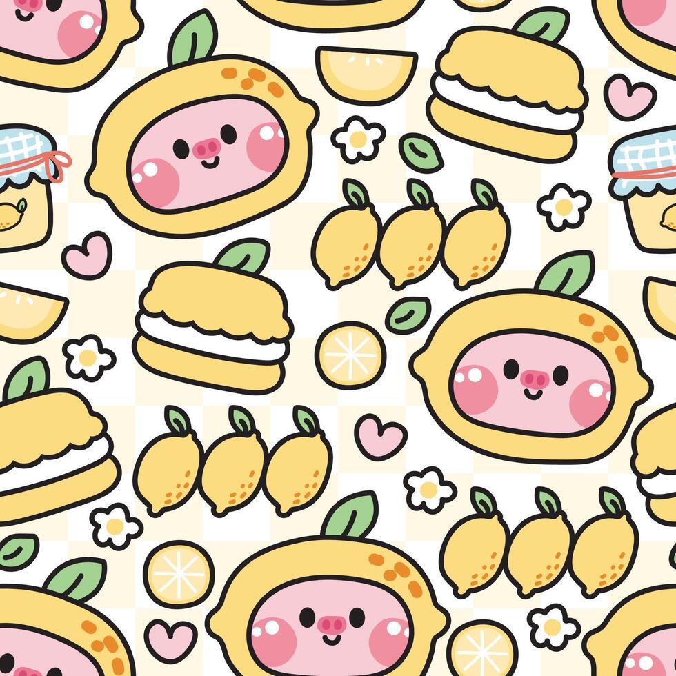 desatado padronizar do fofa porco dentro limão conceito plano de fundo.farm animal personagem desenho animado Projeto coleção.suco, fruta, folha, flor, macaron mão desenhado.natureza.verão.fresco.kawaii.ilustração. vetor