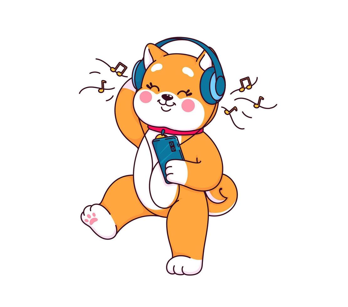 desenho animado Shiba inu ouvindo música dentro fones de ouvido. vetor