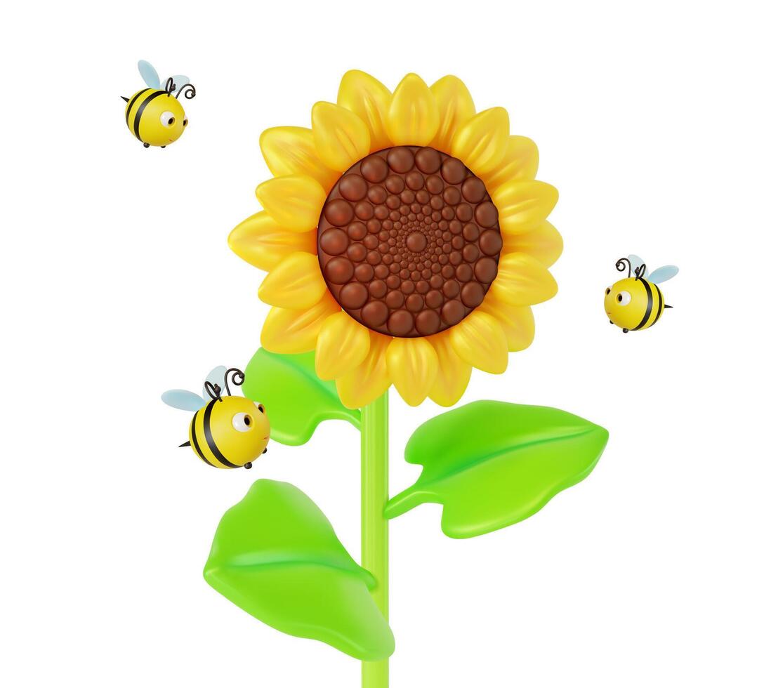 3d florescendo girassol flor com vôo por aí abelhas desenho animado vetor