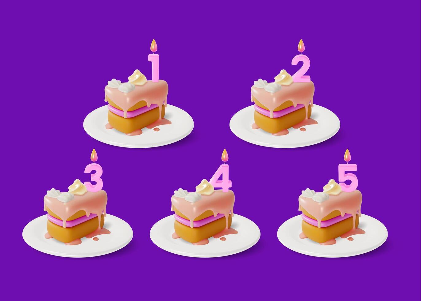 3d aniversário bolo peça com vela números conjunto desenho animado vetor