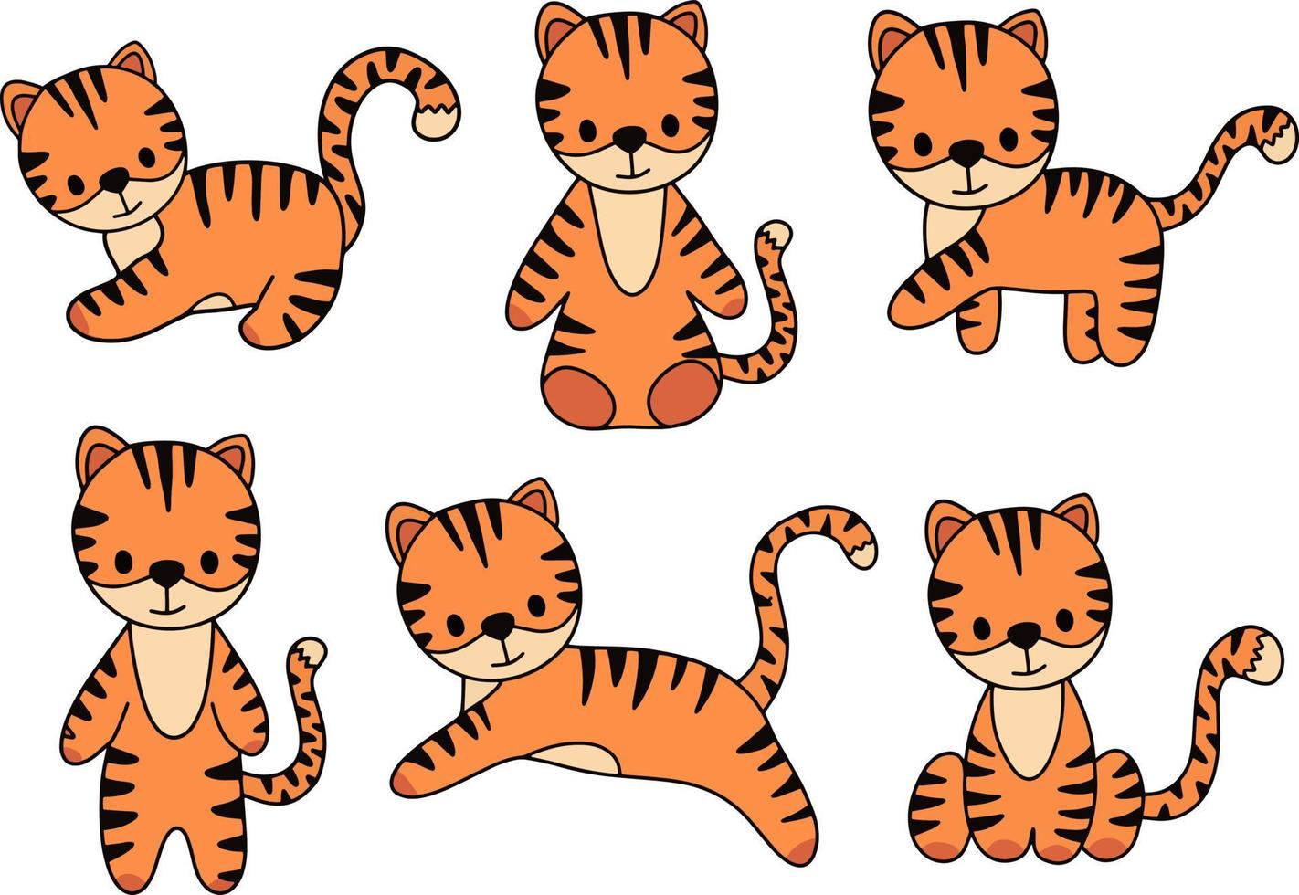 coleção de vetores poses diferentes de tigre bebê vermelho. Doodle bebê tigre para decoração de berçário. coleção de tigres dos desenhos animados.