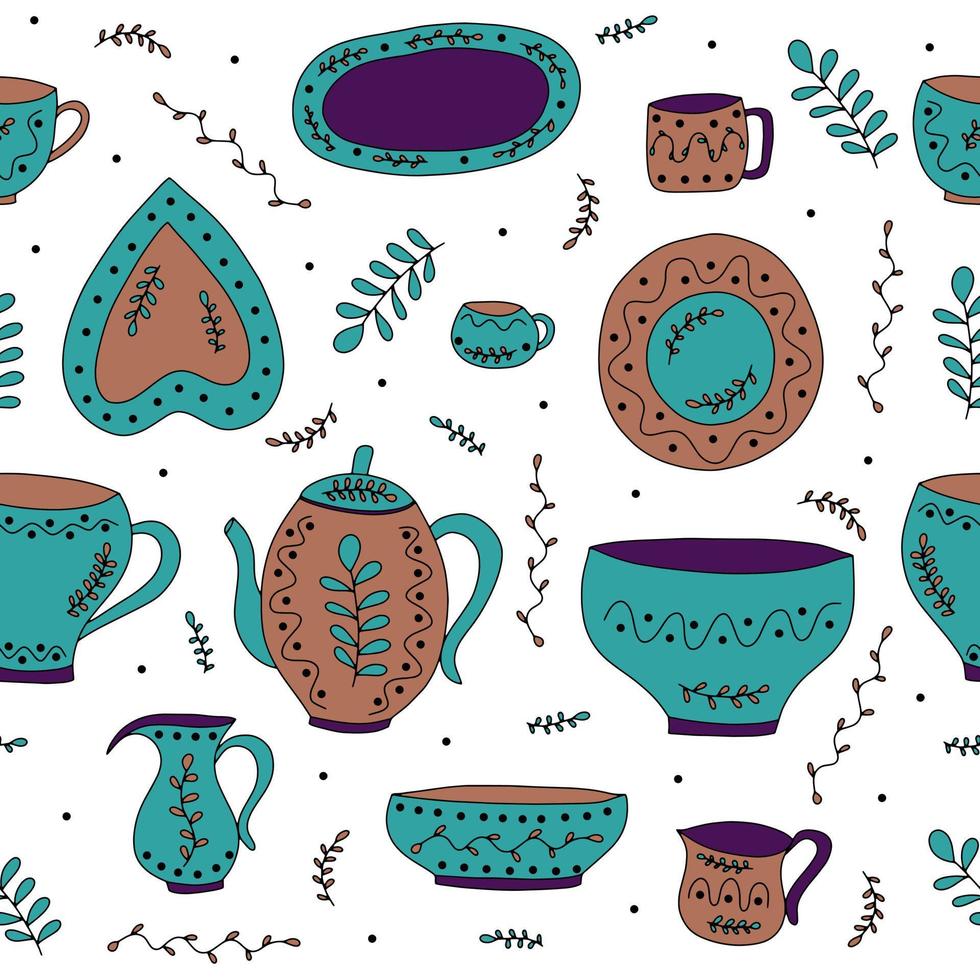 ilustração vetorial padrão sem emenda com utensílios de cozinha de cerâmica colorida. artigos de cozinha de cerâmica - xícaras, pratos, tigelas, vasos, chaleira, prato. vetor