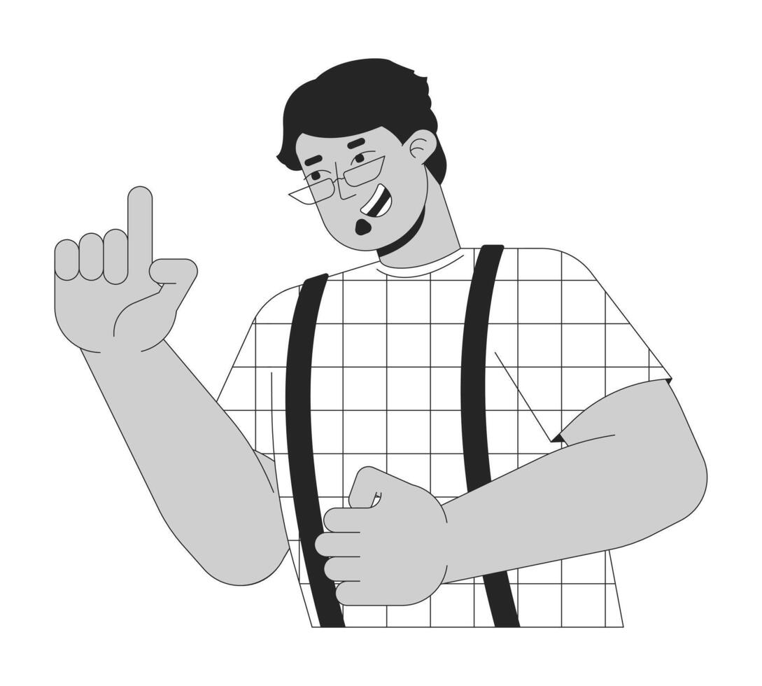 Óculos árabe homem apontando indicador Preto e branco 2d linha desenho animado personagem. meio Oriental cara isolado esboço pessoa. óculos masculino gesticulando dedo monocromático plano local ilustração vetor