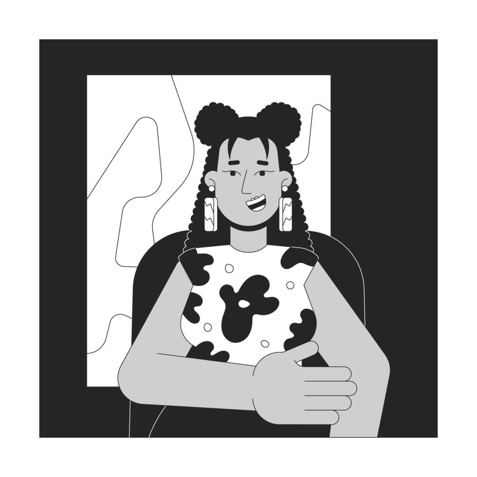 feliz latina mulher dentro escritório Preto e branco 2d linha desenho animado personagem. fêmea Gerente levando parte dentro conferência isolado esboço pessoa. controlo remoto trabalhos monocromático plano local ilustração vetor