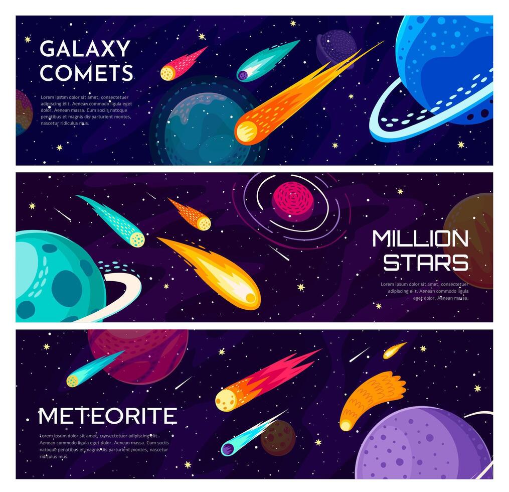 galáxia universo bandeiras. cometas e planetas, estrelas vetor