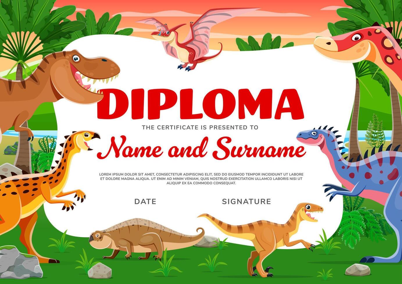 crianças diploma com desenho animado engraçado dinossauro répteis vetor