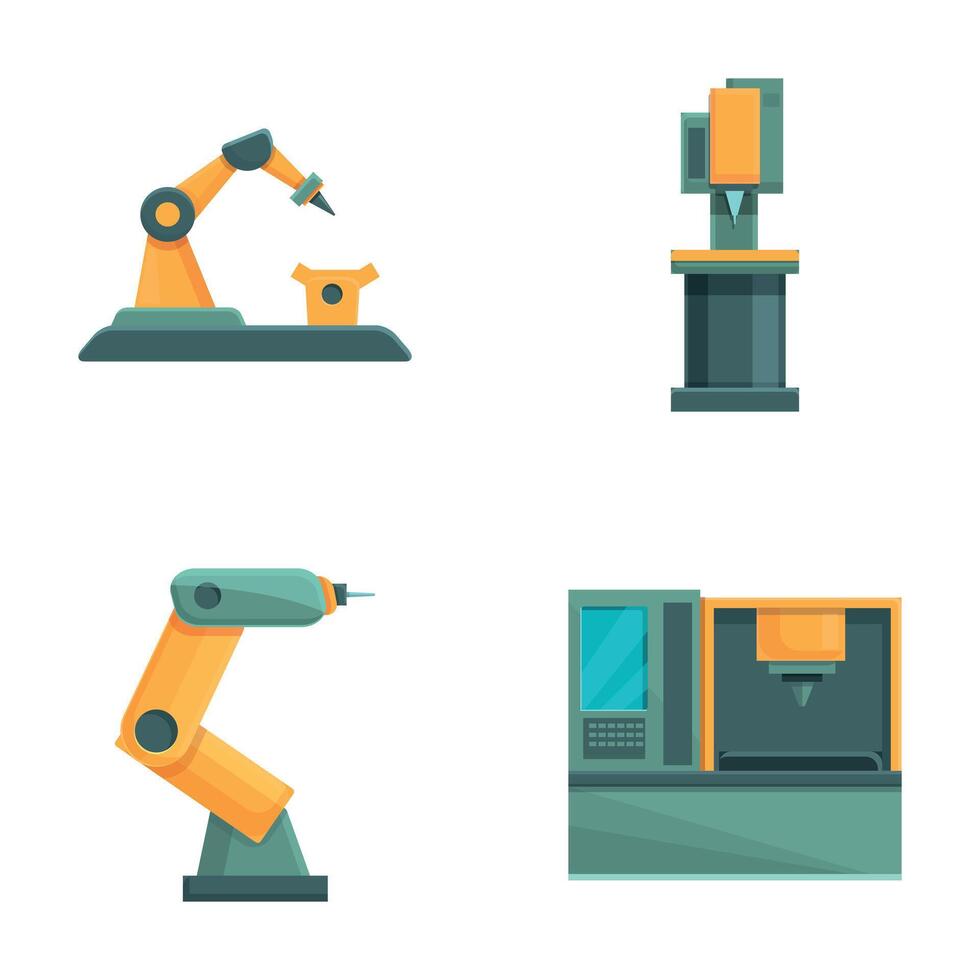 cnc máquina ícones conjunto desenho animado . comp numérico controlada moagem máquina vetor