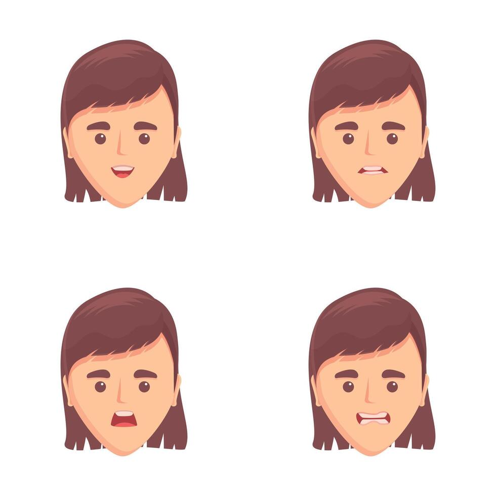 mulher emoção ícones conjunto desenho animado . mulher com vários facial expressão vetor