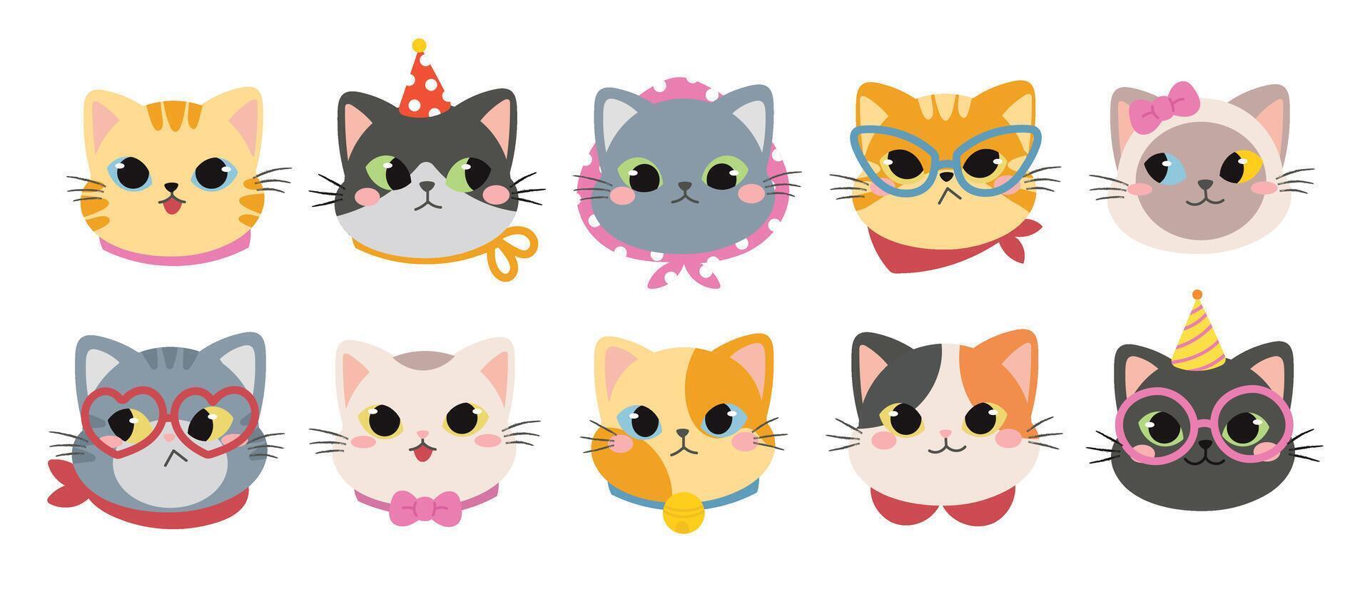 fofa e sorrir gato cabeças rabisco definir. quadrinho feliz gato rostos personagem Projeto do diferente gato procriar com plano cor isolado em branco fundo. Projeto ilustração para adesivo, quadrinho, clipart. vetor