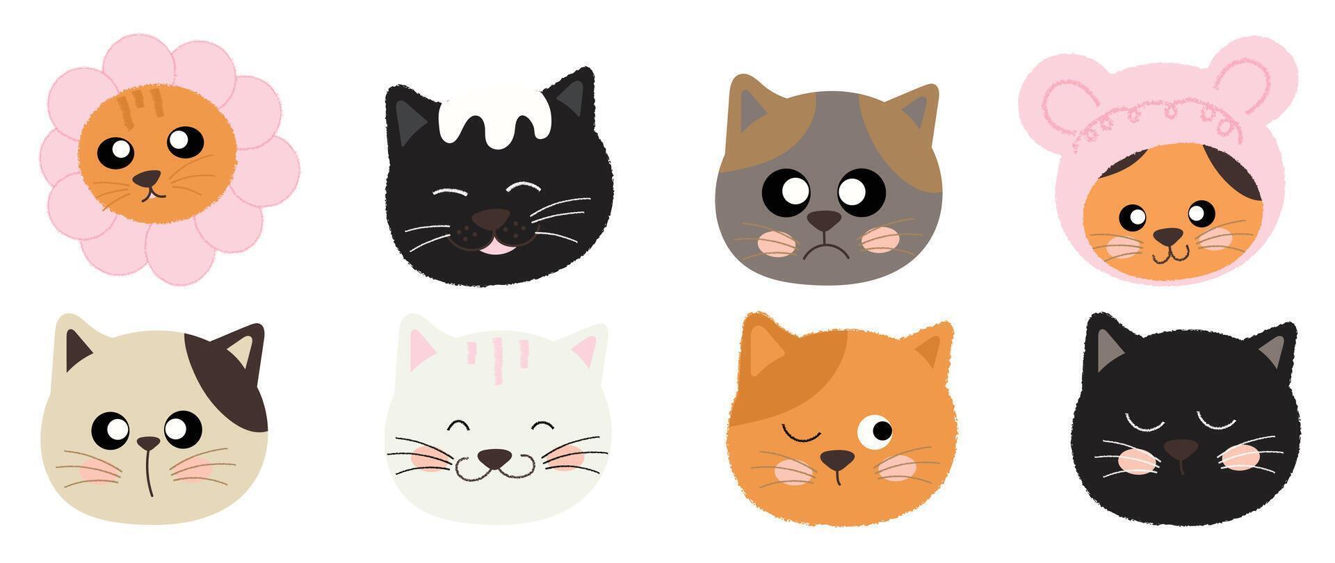 fofa e sorrir gato cabeças rabisco definir. quadrinho feliz gato rostos personagem Projeto do diferente gato procriar com plano cor isolado em branco fundo. Projeto ilustração para adesivo, quadrinho, clipart. vetor