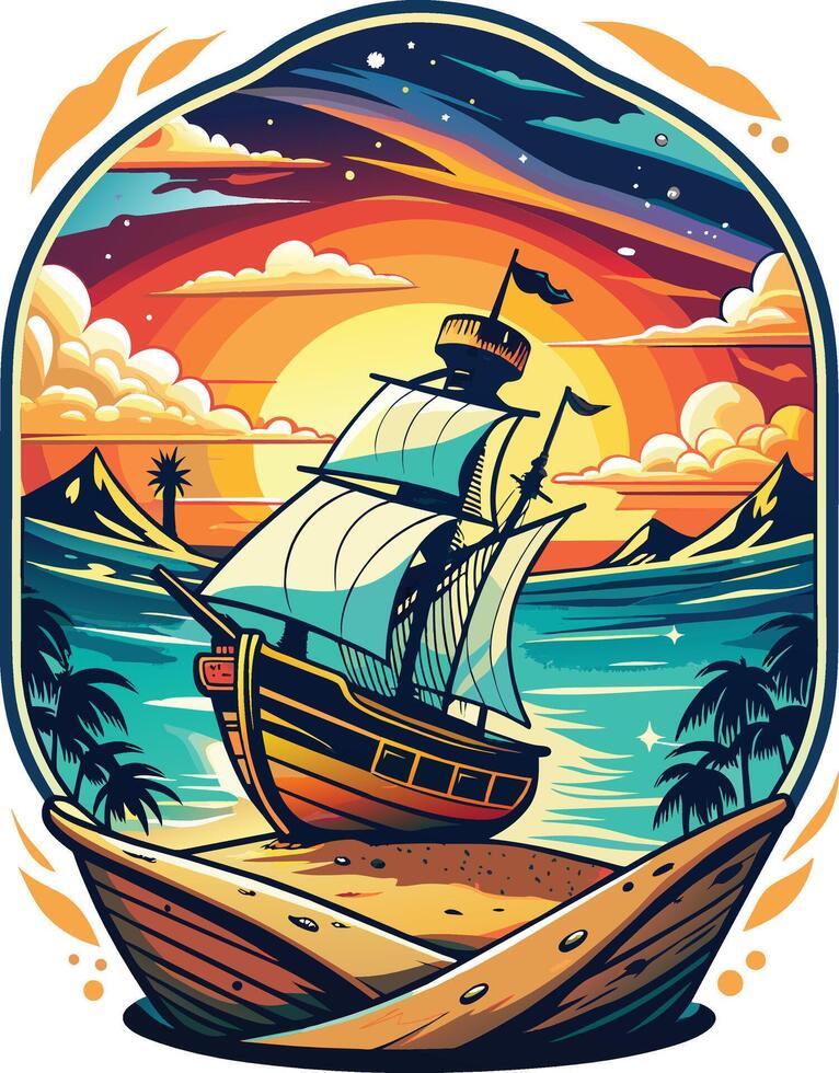 Navegando navio dentro a mar às pôr do sol. ilustração dentro retro estilo. vetor