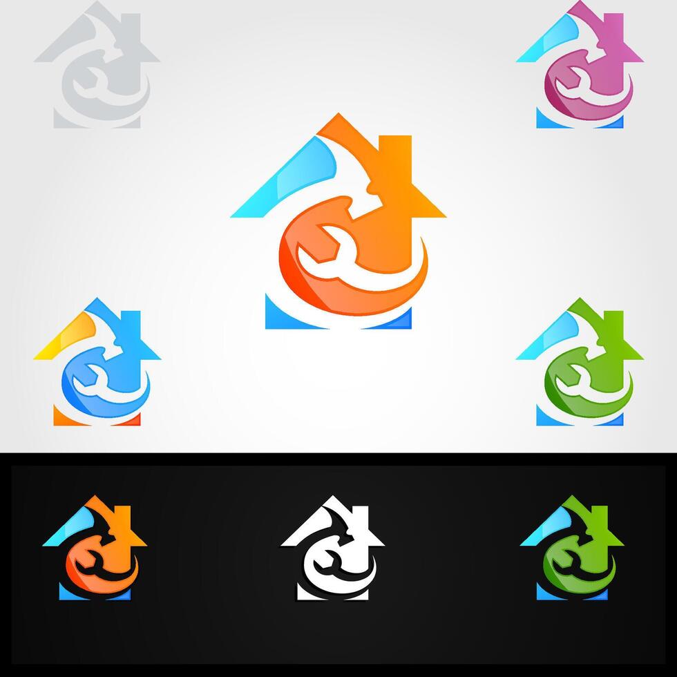 ícone conjunto do casa reparar com chave inglesa e Setas; flechas dentro vários cores vetor