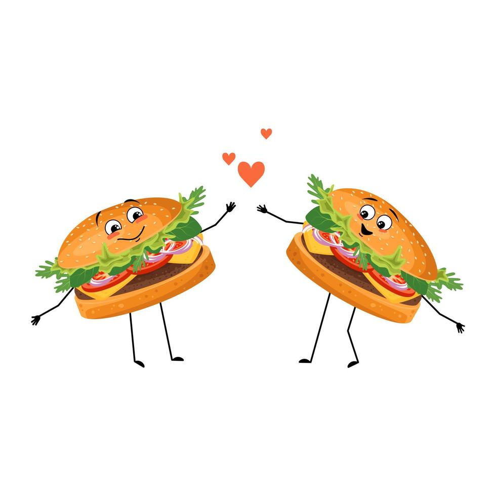 hambúrguer de personagem fofo com emoções de amor, rosto de sorriso, braços e pernas. pessoa alegre de fast-food, sanduíche com expressão amorosa. ilustração em vetor plana de produtos e refeições de carne