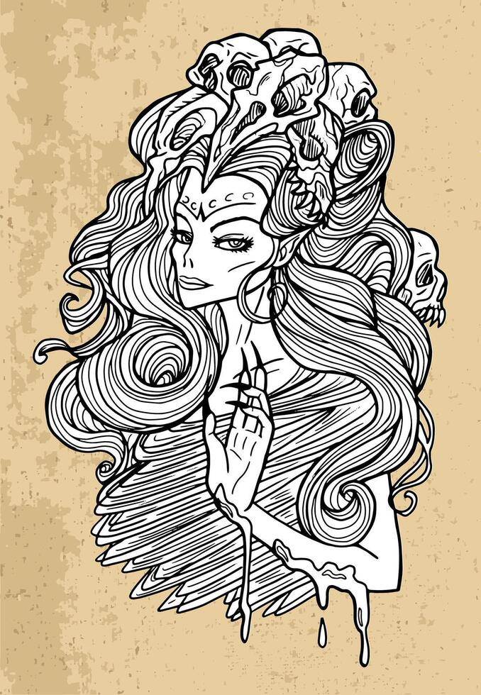 assustador fantasia gravado ilustração com lindo mulher Como demônio com crânios dentro cabelo. esotérico, místico e gótico conceito, dia das Bruxas fundo, personagem Projeto vetor