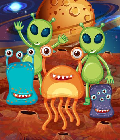 Alien com amigos em Marte vetor
