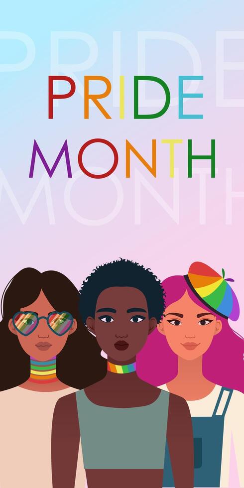 lgbt conceito. feliz orgulho mês celebração. três lésbica mulheres incorporando amizade e unidade. sexual liberdade e amor diversidade conceito. vetor