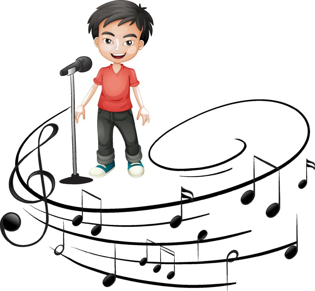 personagem de desenho animado de um cantor cantando com símbolos de melodia musical vetor