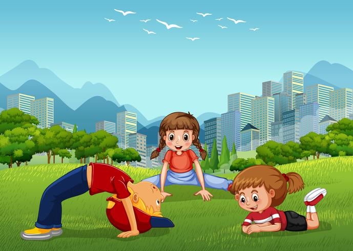 Três crianças, tocando, em, a, parque nacional vetor