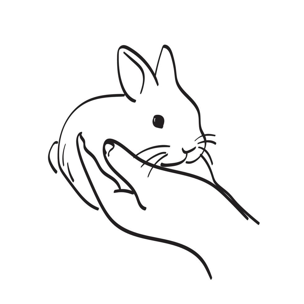 fechar a mão segurando o pequeno coelho ilustração vetorial isolado na arte de linha de fundo branco. vetor