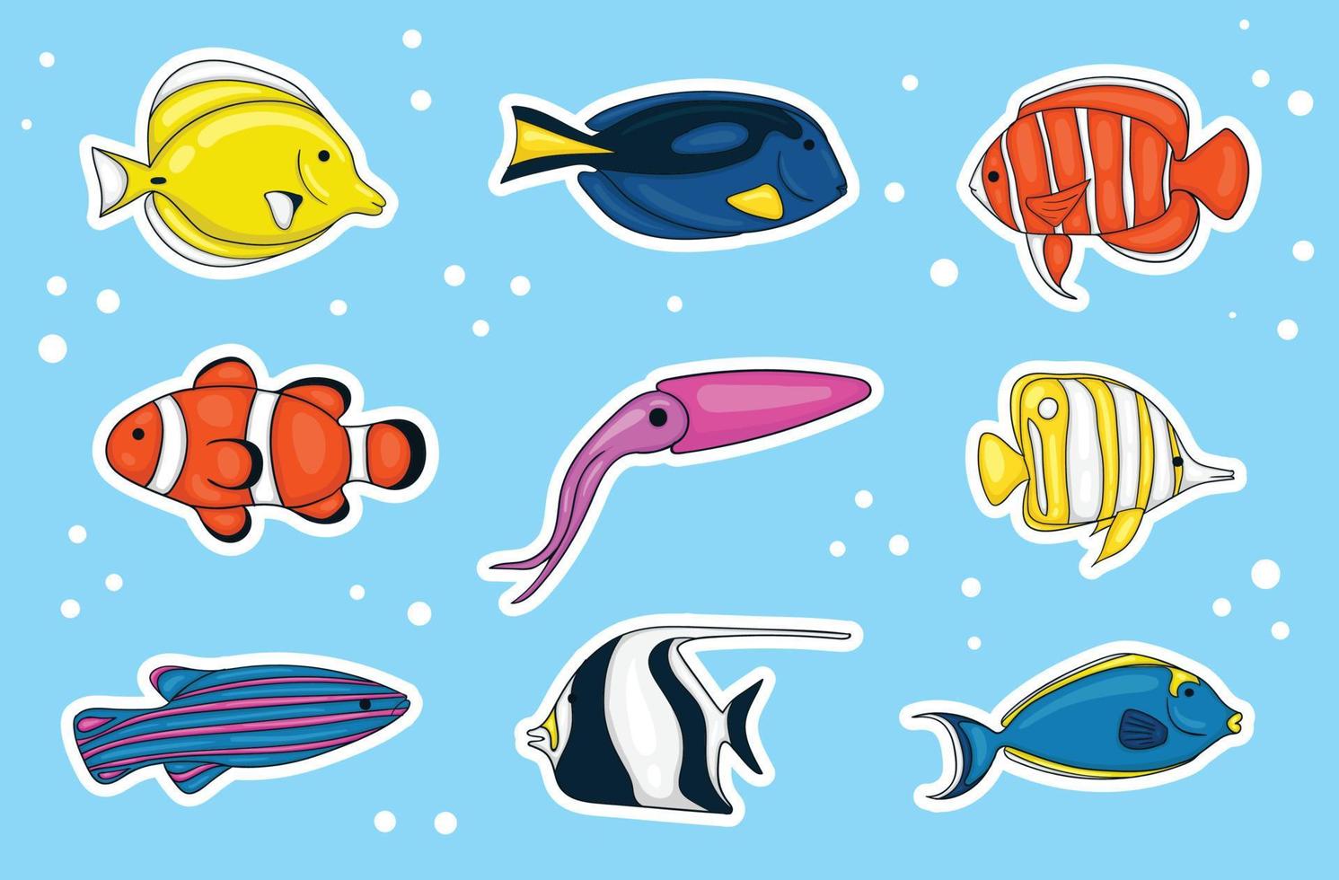 coleção colorida de adesivos de animais marinhos desenhados à mão vetor