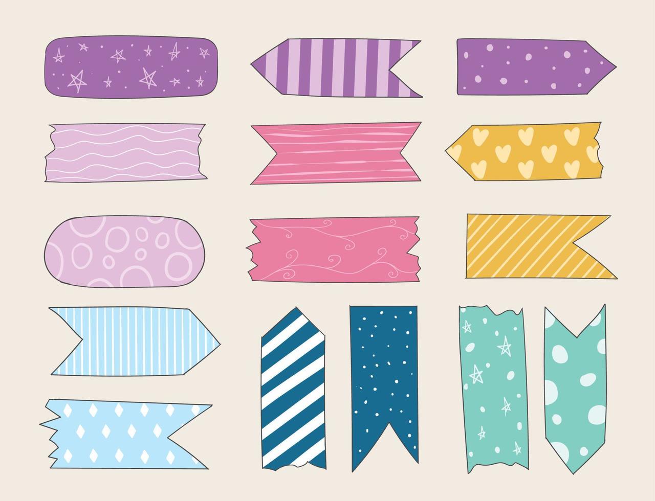 coleção de fitas washi diferentes desenhadas a mão colorida vetor