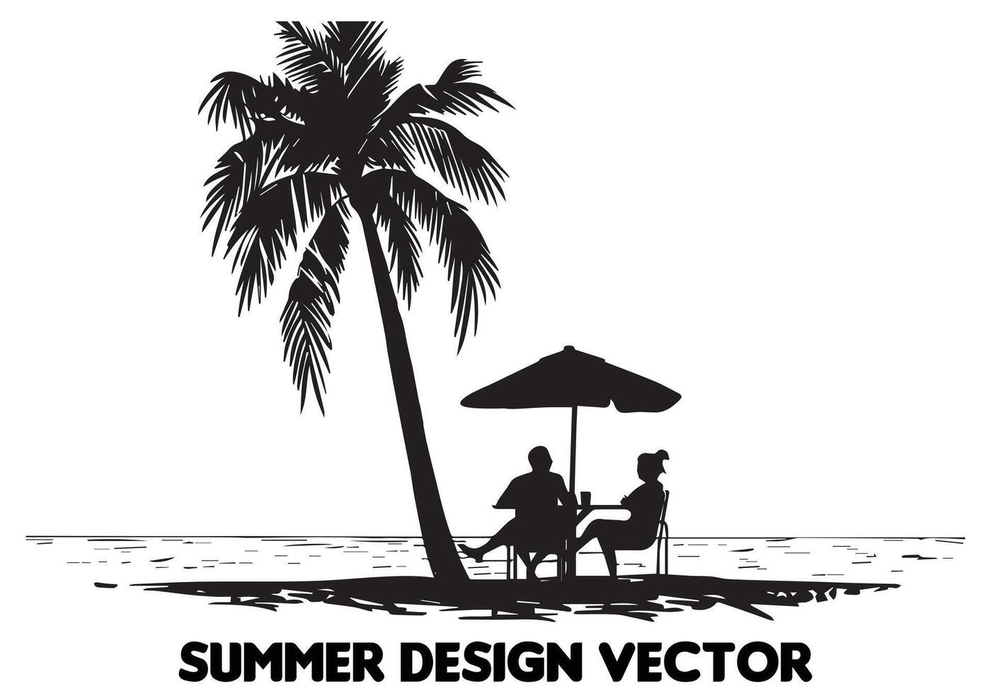 verão Projeto Palma árvore sentado em cadeira frente mesa e guarda-chuva homem de praia para impressão em exigem Preto negrito simples esboço livre Projeto vetor