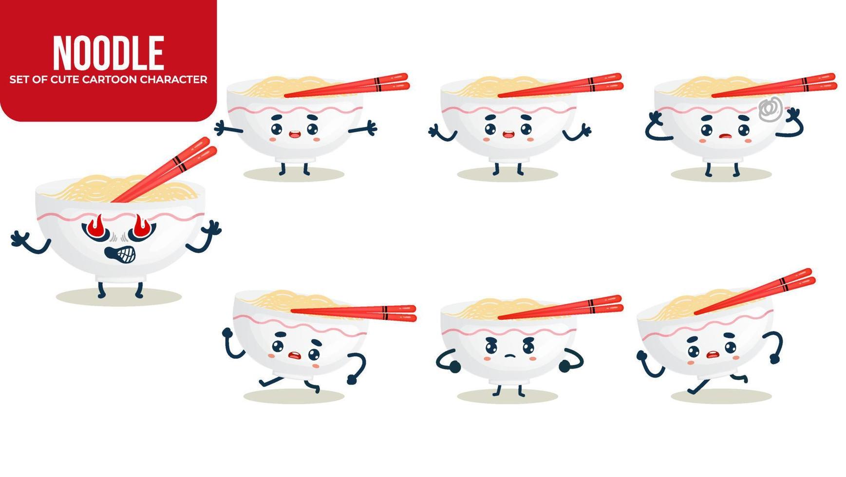 conjunto de personagem de desenho animado de macarrão fofo com diferentes poses vetor premium