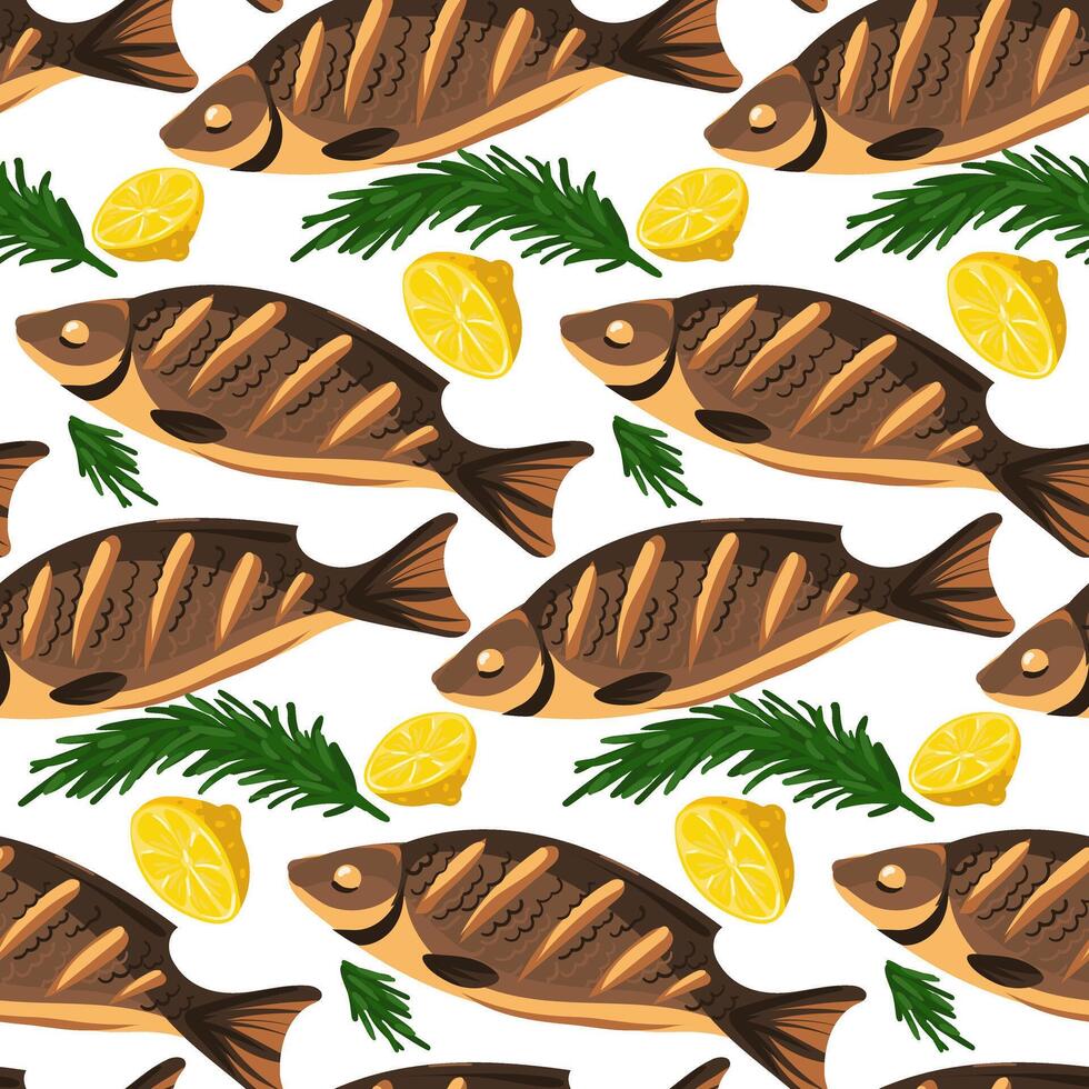 uma padronizar do todo mar peixe com limão e alecrim em branco. isto é adequado para decoração a cardápios do frutos do mar restaurantes. desatado textura com acabado churrasco produtos vetor