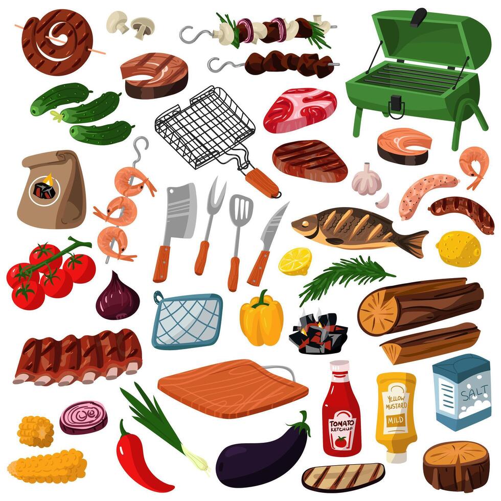 uma conjunto do churrasco produtos. carne, vegetais, frutas, peixe, cogumelos, carvões, churrasco, malha, molhos, camarão e outros. isolado elementos, cartazes, faixas com uma Lugar, colocar para cópia de. em uma branco vetor