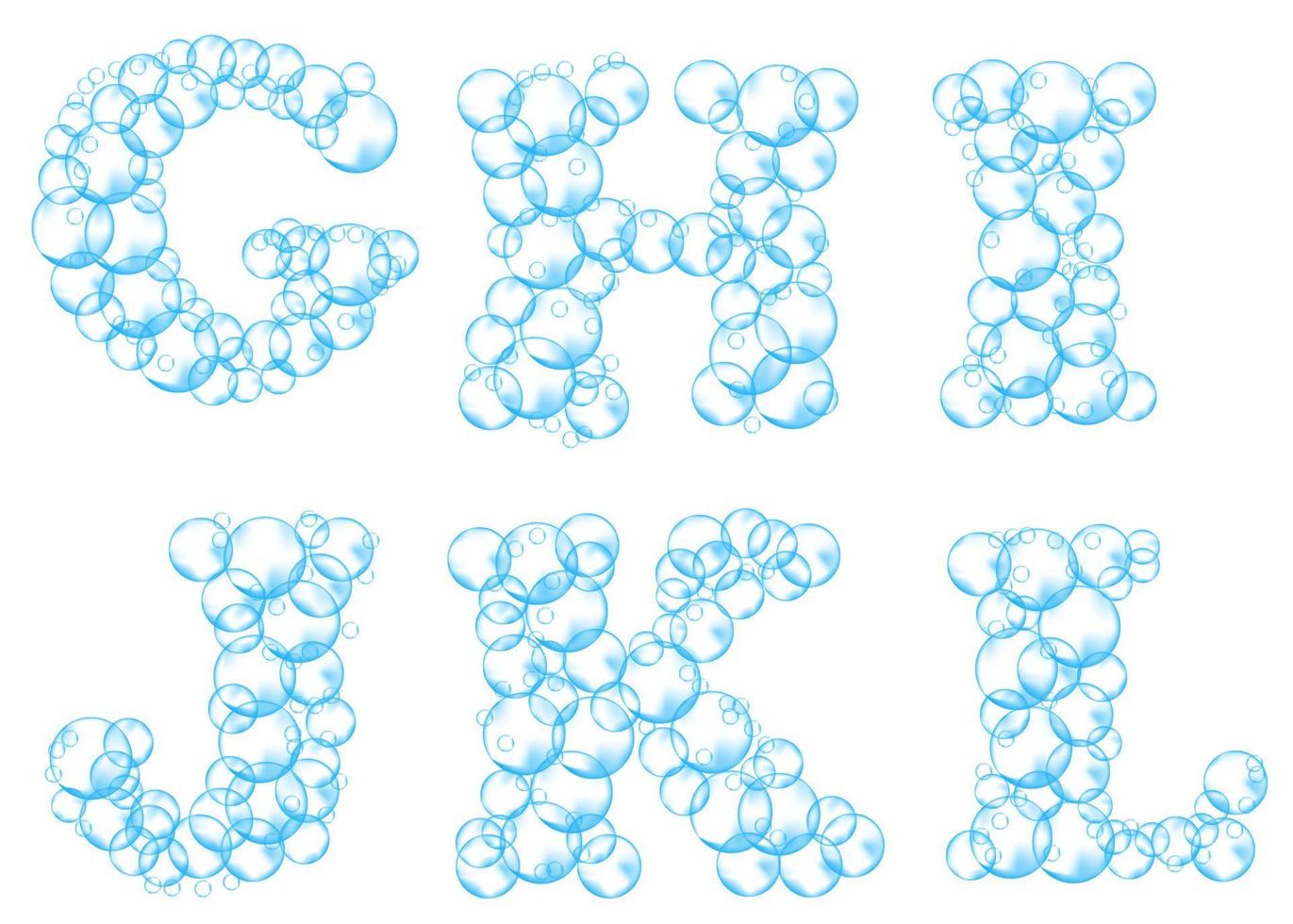 alfabeto de bolhas de sabão. água espuma letras g, h, i, j, k, l. fonte de vetor realista isolada no fundo branco