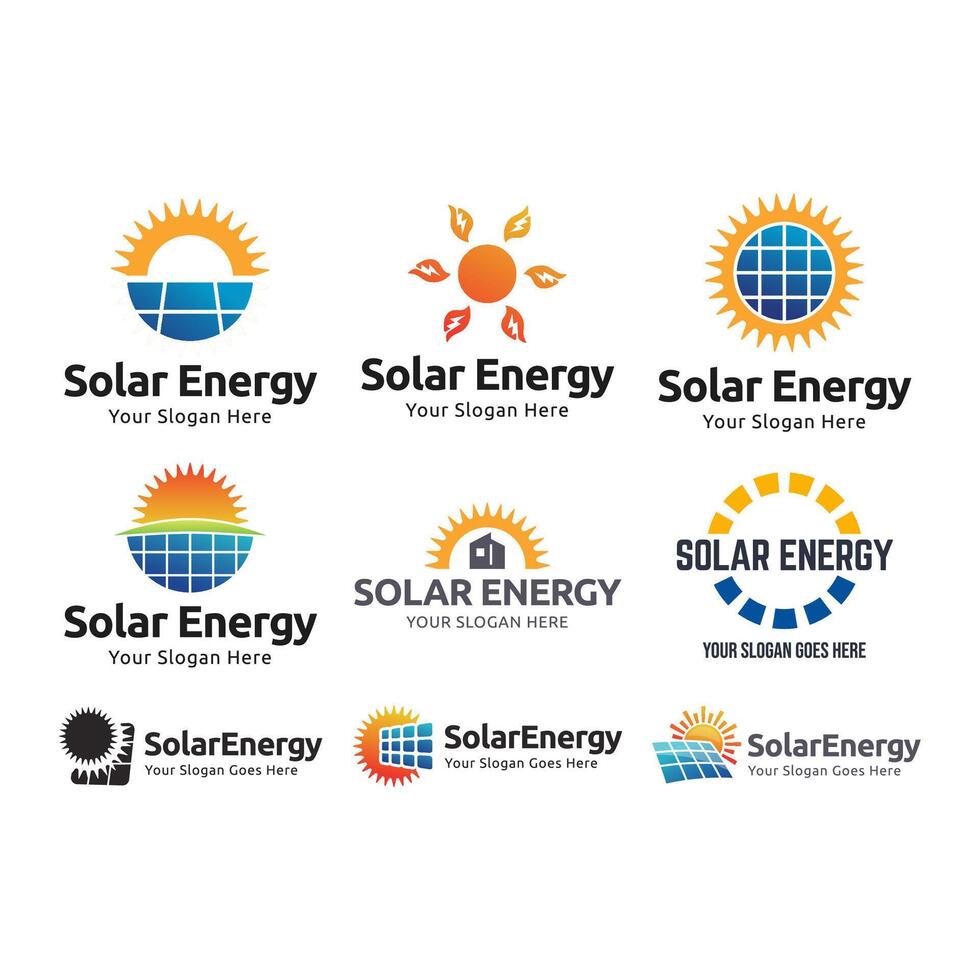 Sol solar energia logotipo Projeto modelo. conjunto do solar painel logotipos. vetor