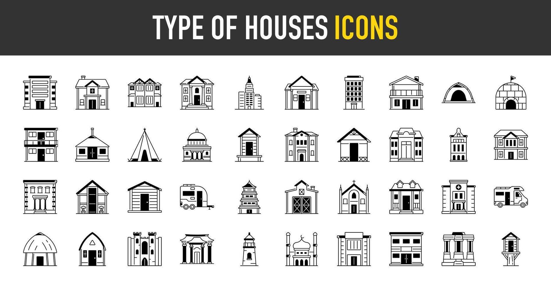 tipo do casas ícones definir. tal Como grande cidade edifícios. urbano arquitetura, Estado instituições, religioso e cultural monumentos. educacional centros e residencial e Mais ícone. vetor