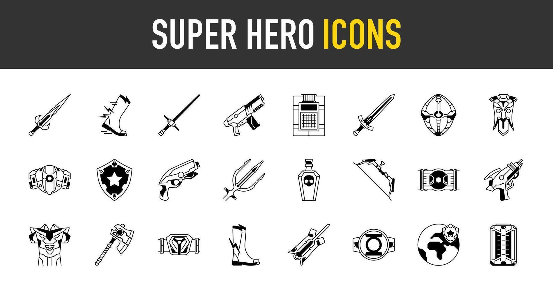 super herói ícone definir. tal Como Como pistola, arma, espada, radioativo, medieval, maça, jogos ativos, arco, escudo, anel, lançador, botas, armaduras e Mais ícones . armas ilustração. vetor