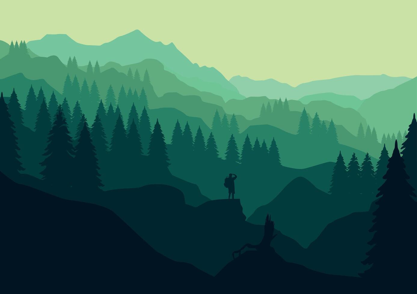 montanhas e pinho floresta panorama panorama. ilustração dentro plano estilo. vetor